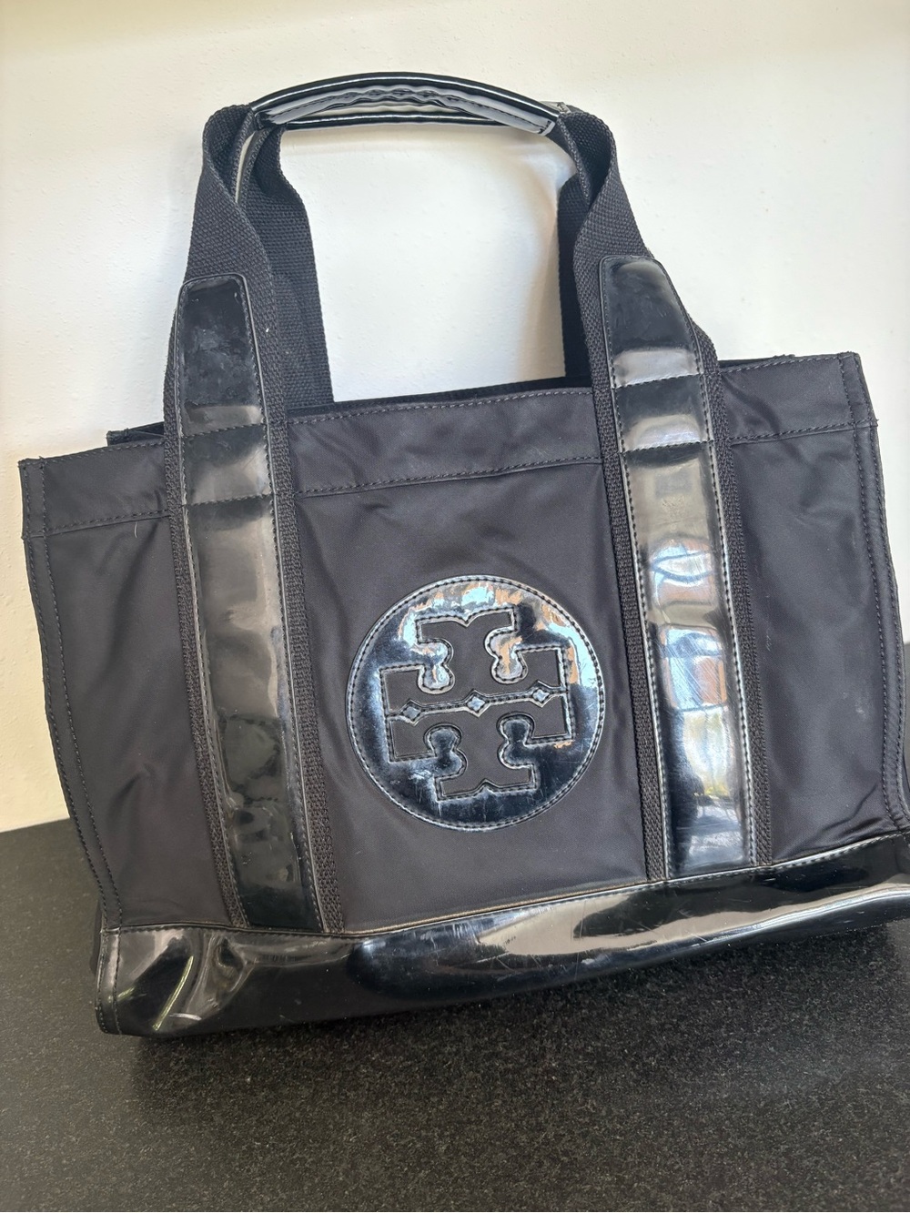 Tory Burch Ella Black Nylon Patent Leather Logo Tote Bag